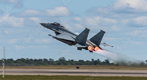 A fighter jet takes off with afterburners engaged, producing bright flames and vapor trails.