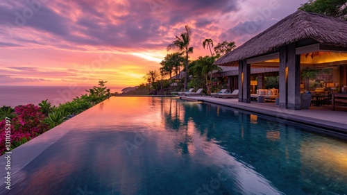 pool and luxurious villa at sunset