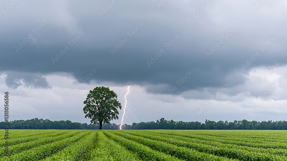 Naklejka premium A dark, ominous cloud formation with a single bolt of lightning striking a lone tree in a field.