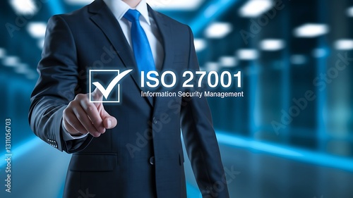 Businessman Touching Holographic ISO 27001 Standard Certification: Information Security Management & Compliance, ISO 27001, ISO 27001 certification, information security, cybersecurity standards, ISO 