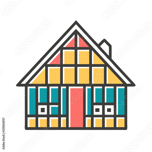 Colorful Half-Timbered House Icon for Real Estate, Architecture, and Heritage Tourism