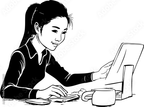 Young woman working on tablet with coffee and cookies home office digital lifestyle cozy environment close-up view productive concept