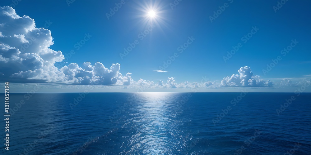 Obraz premium Breathtaking view of the deep blue ocean under a bright sun with scattered clouds on the horizon, creating a peaceful and relaxing seascape perfect for backgrounds and wallpapers