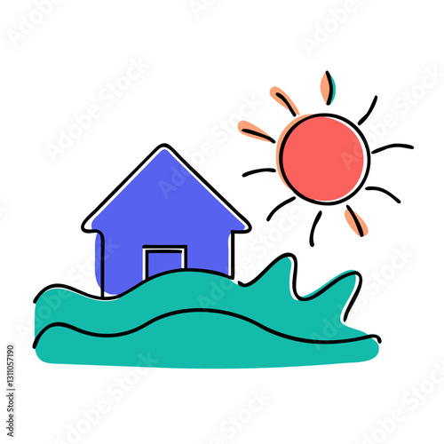 Hand-Drawn House on a Hill with Sun Icon for Real Estate, Vacation, and Rural Living