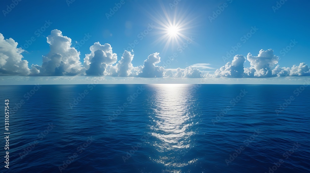 Obraz premium Breathtaking view of the deep blue ocean under a bright sun with scattered clouds on the horizon, creating a peaceful and relaxing seascape perfect for backgrounds and wallpapers