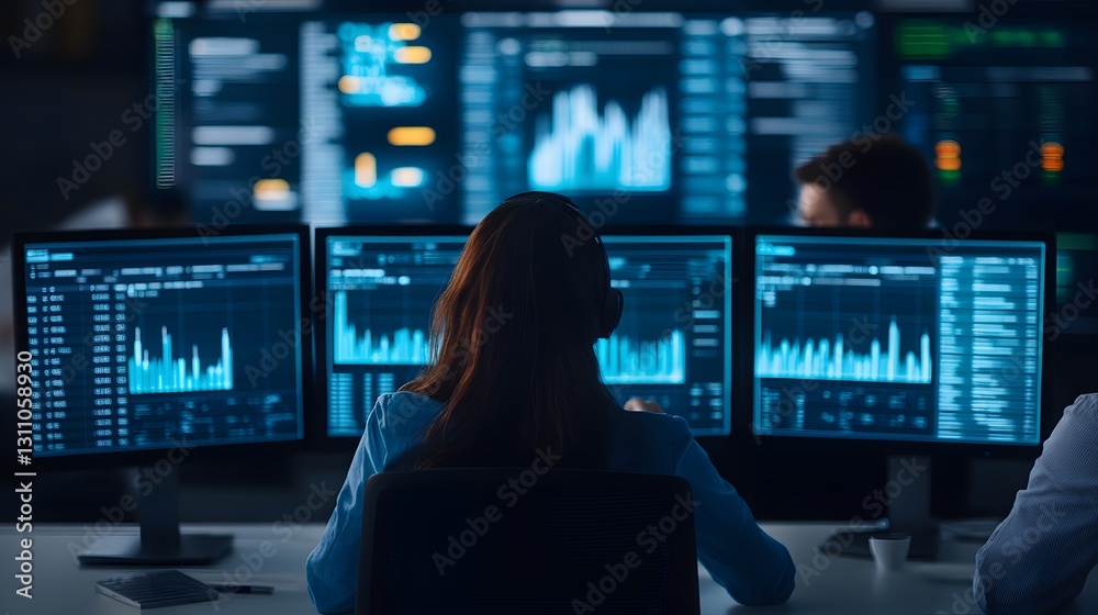 Analysts Evaluating Business Performance Metrics on Digital Dashboard Analysts Evaluating Business Performance Metrics on Digital Dashboard