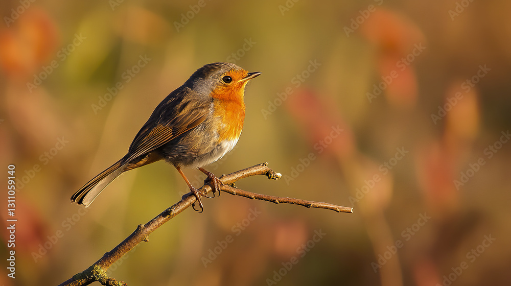 Fototapeta premium European robin perched on sunlit branch in autumn
