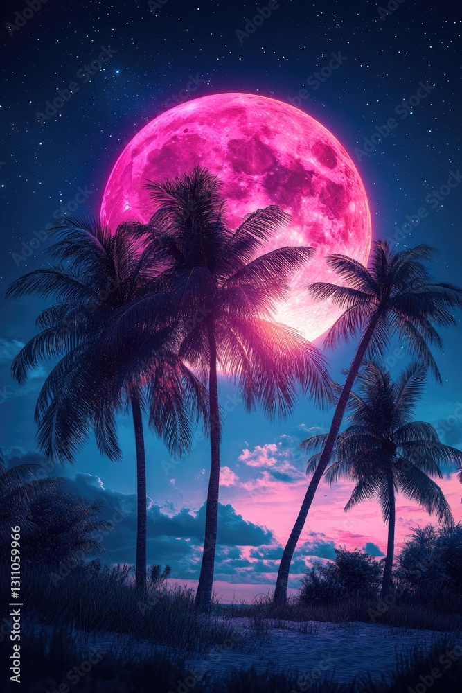Naklejka premium Pink moon over tropical palms