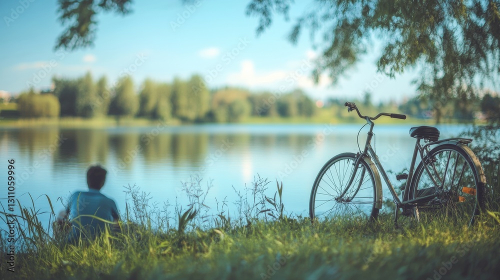 Tranquil lake scene with bicycle