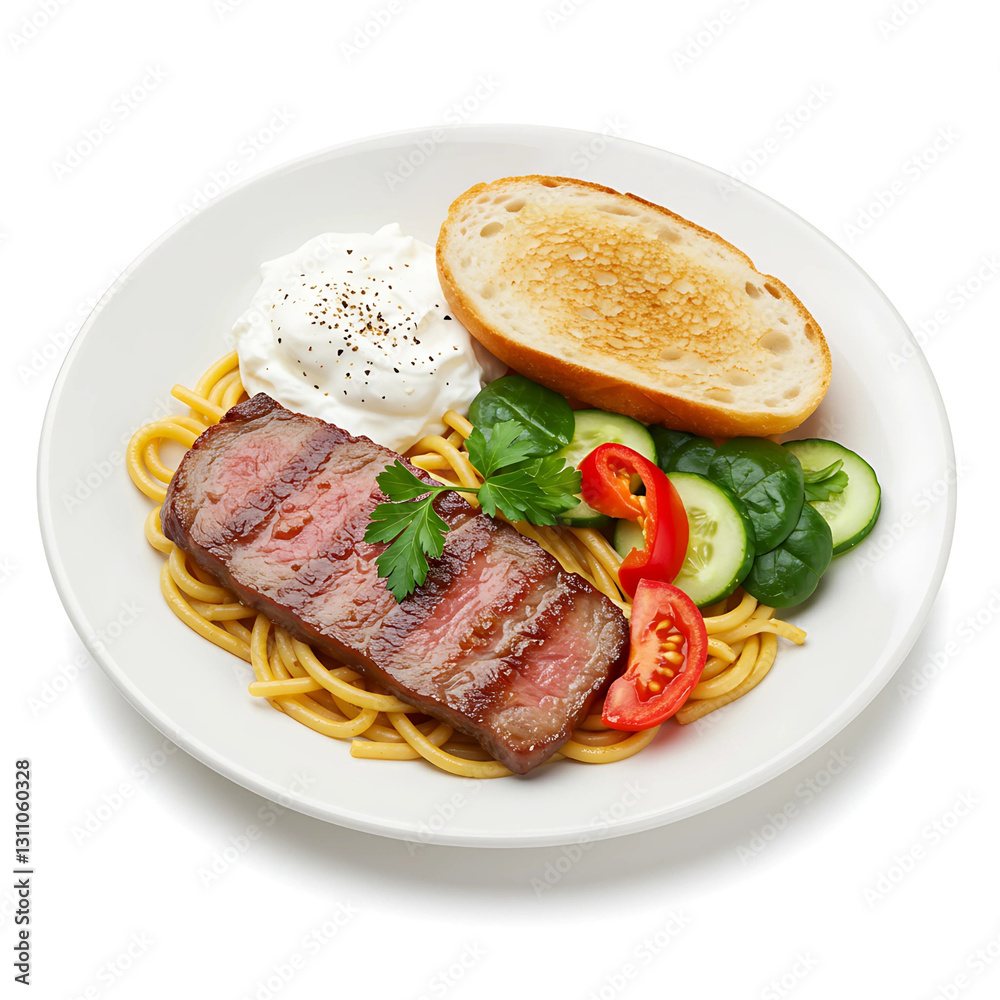 Steak and Spaghetti with Vegetables on White Plate Steak and Spaghetti with Vegetables on White Plate