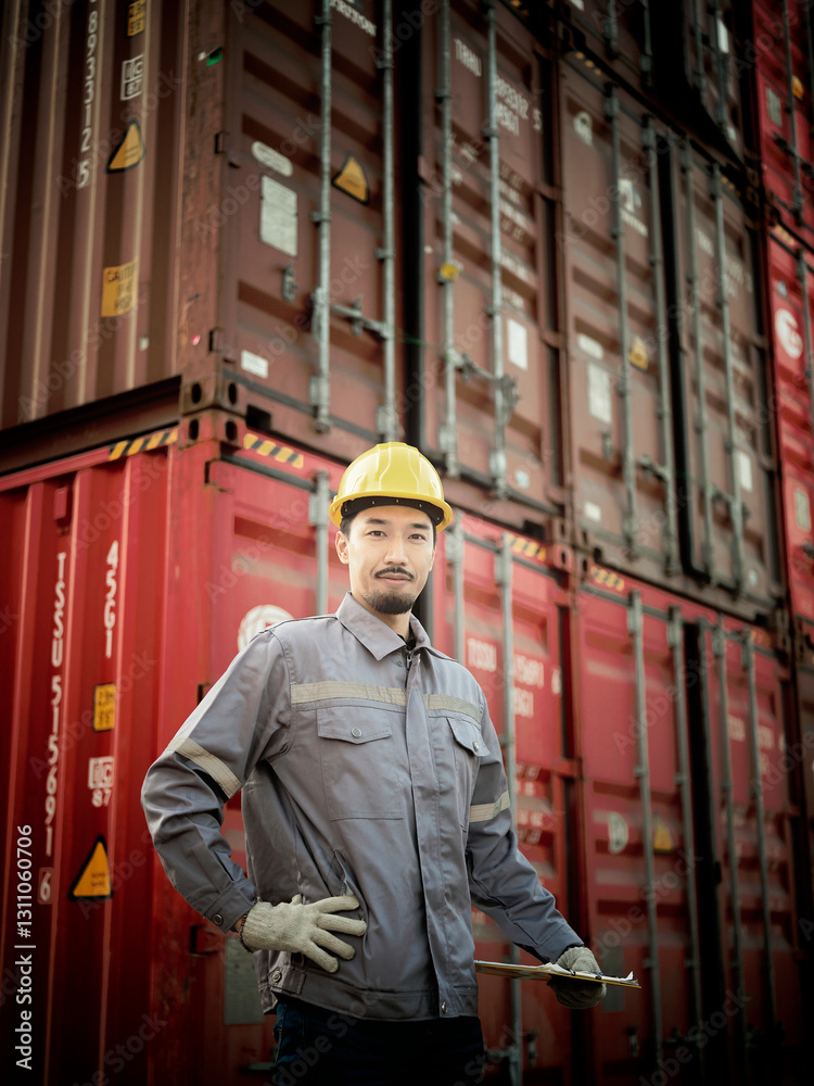 Engineer standing at container cargo yard , Success at work.