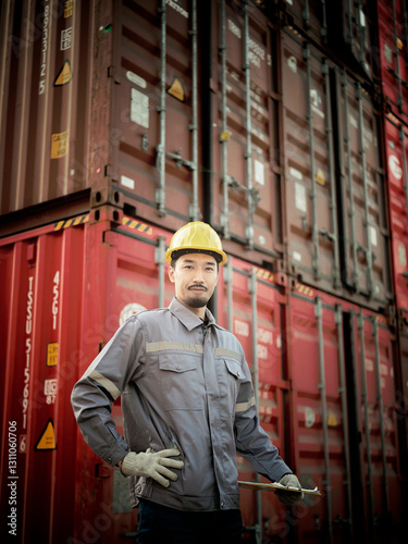 Obraz na płótnie Engineer standing at container cargo yard , Success at work. w salonie