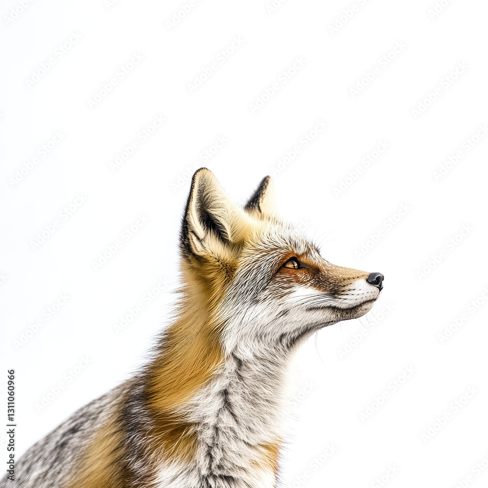 Fototapeta premium Fox looking upward on white background