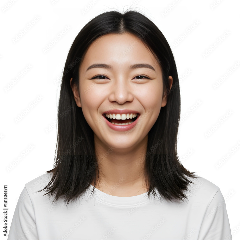 A young asian woman with a bright smile against white backdrop A young asian woman with a bright smile against white backdrop