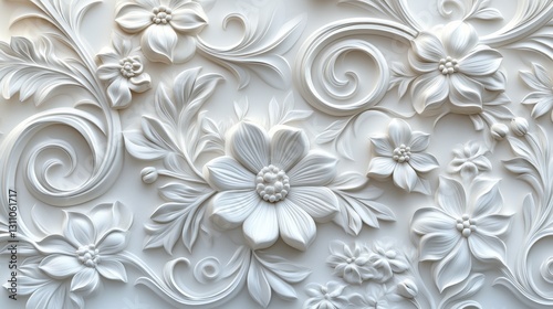 A close-up of a white, 3d floral pattern with swirling vines and intricate details seamless pattern. pattern.