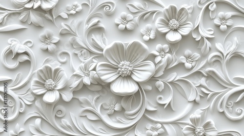 A close-up of a white, 3d floral pattern with swirling vines and intricate details seamless pattern. pattern.