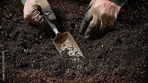 A close-up of a novice gardener's hands planting seeds in nutrient-rich soil, with essential tools like a trowel and gloves nearby, capturing the excitement of starting a home garden.