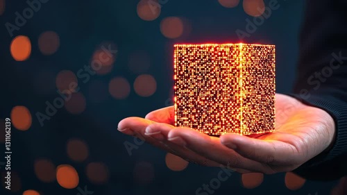 Glowing Cube in Hand Surrounded by Bokeh Lights and Orange Technology Creates Captivating Magical Atmosphere