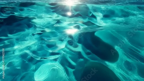 Beneath surface, serene underwater scenes of turquoise water, smooth stones, and sunlight reflections create tranquil ocean