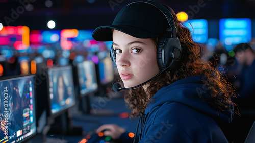 Focused Young Gamer with Headset and Cap Competing in eSports Tournament on Computer Screens photo