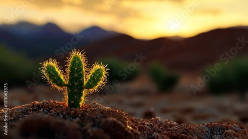 Vibrant cactus in desert landscape showcases stunning sunset, unique spines, and beauty of nature at its finest.