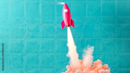 Vibrant Pink Rocket Launches Against Turquoise Sky, Symbolizing Creativity, Innovation, and Excitement in Space Adventure