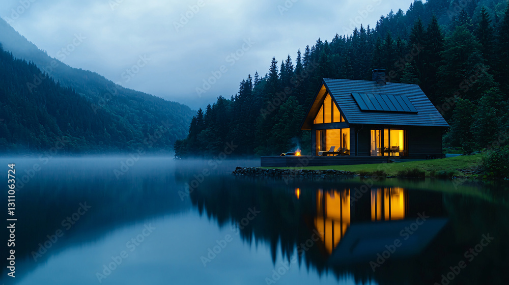 Naklejka premium Lakeside Cabin Twilight Retreat in Mountain Forest Landscape Reflecting in Still Water