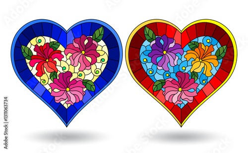 Set of stained glass illustration hearts, bright hearts with flowers on white background