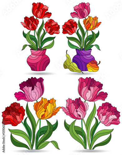 Set of illustrations in stained glass style with floral still lifes, Tulips flowers in vases isolated on a white background