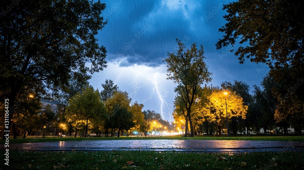Obraz premium A thunderstorm over a park, with lightning illuminating the trees and rain pouring down.