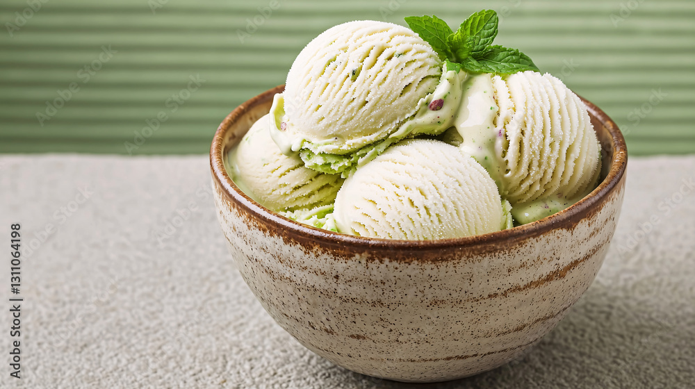 Fototapeta premium Pistachio Ice Cream Delight Scoops in Ceramic Bowl with Mint Green Backdrop Closeup Presentation