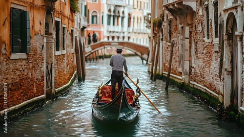 A skilled Venetian gondolier gracefully steers a traditional gondola through the picturesque canals of Venice,