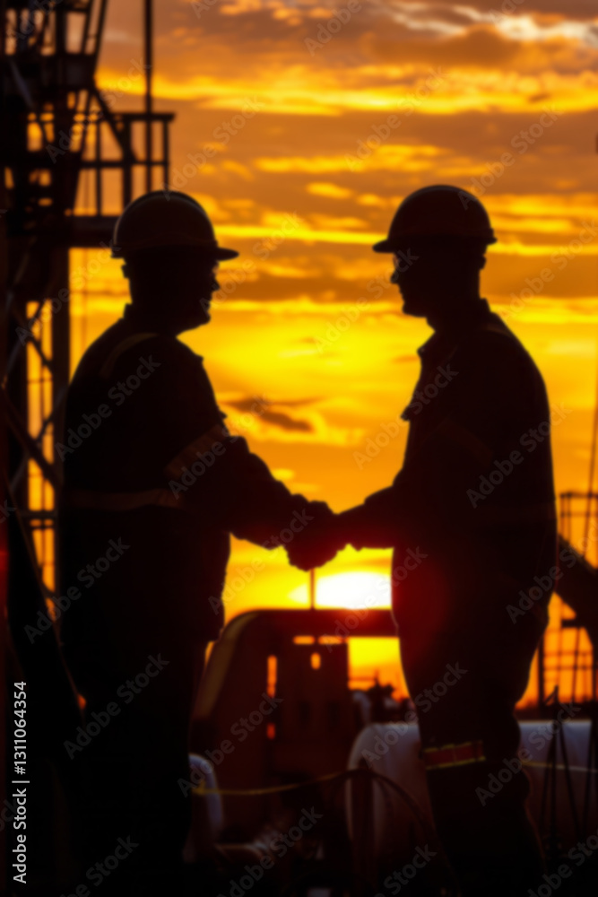 Fototapeta premium Silhouettes of two workers shaking hands in front of oil pumps against a sunset sky, featuring the silhouette of an industrial area with machinery and pump jacks during dusk.