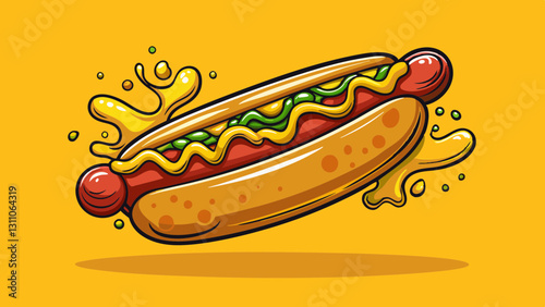 A hot dog topped with mustard leaps dynamically, mustard splattering sensationally against a yellow backdrop, embodying zest, flavor, and playful culinary photo