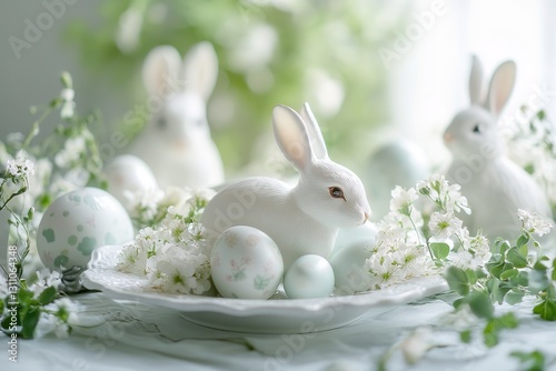 Elegant Easter display with white bunny figurines, intricately designed decorated eggs, and delicate white floral arrangements. Festive spring holiday decor scene. photo