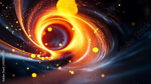Swirling Black Hole in Space Cosmic Galaxy of Orange Particles and Vibrant Energy