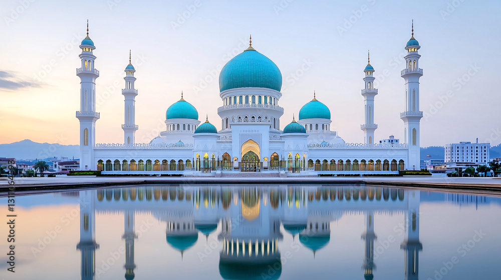 Obraz premium Serene Mosque with Turquoise Domes and Reflective Pool against Twilight Sky Architectural Splendor