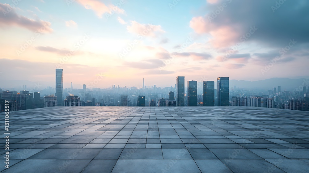 Empty rooftop with city skyline view in the morning light Empty rooftop with city skyline view in the morning light