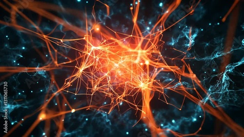 Abstract Digital Network Visualization with Glowing Orange and Blue Connections