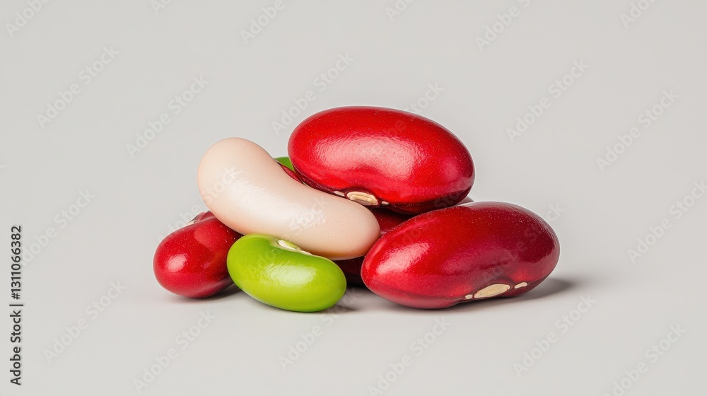 Close-up of red, white, and green beans on a gray background. Close-up of red, white, and green beans on a gray background.