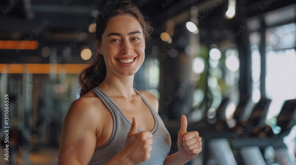 Fototapeta premium A woman in her early thirties, wearing a light grey tank top and black leggings, is smiling while showing a thumbs up at the gym.
