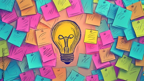 A vibrant arrangement of colorful sticky notes surrounds a light bulb illustration, symbolizing creativity and brainstorming.