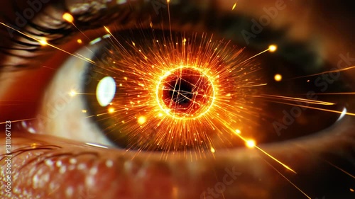 Close Up of Eye with Glowing Orb and Sparks, Symbolizing Vision, Energy, and Creativity in Fiery Effects