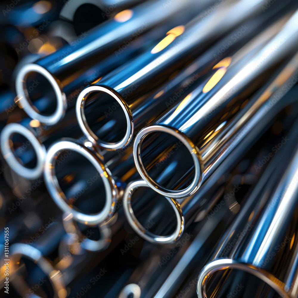 Naklejka premium A close-up view shows stainless steel pipes stacked together.