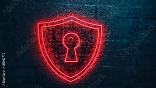 Neon and digital shield with keyhole for enhanced security and protection in realm of technology and digital safety.