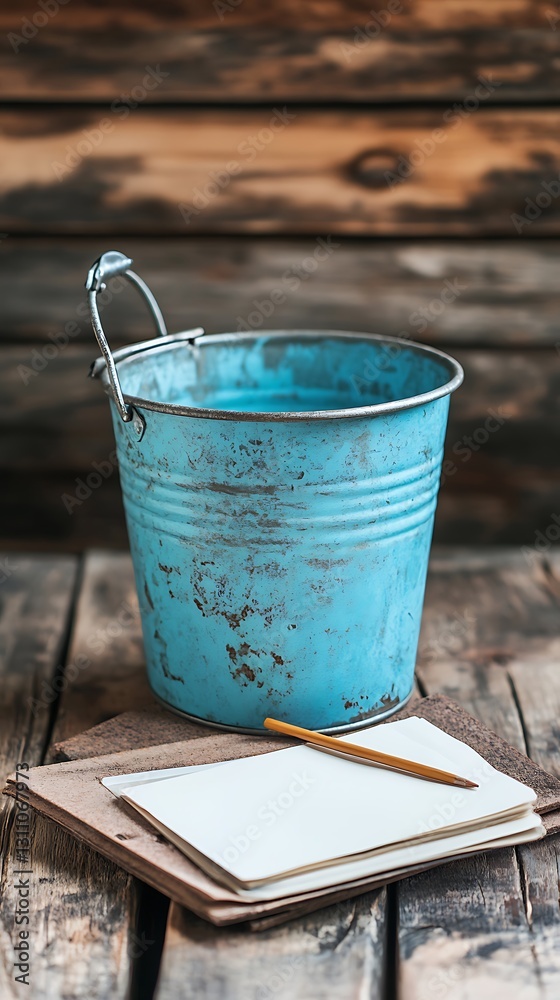 Notepad with bucket on wooden board background for education and business Notepad with bucket on wooden board background for education and business