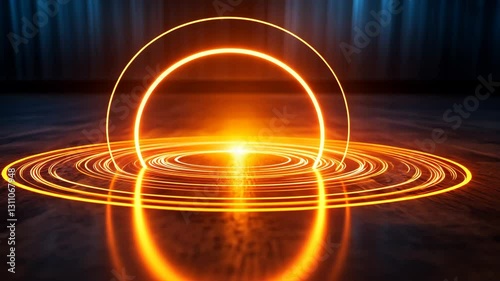 Glowing Orange Circle with Concentric Rings of Light Abstract Energy and Motion in Vibrant Visuals