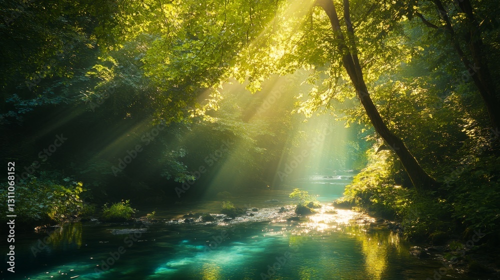 Fototapeta premium Sunlight Filtering Through Trees in a Tranquil Forest Setting