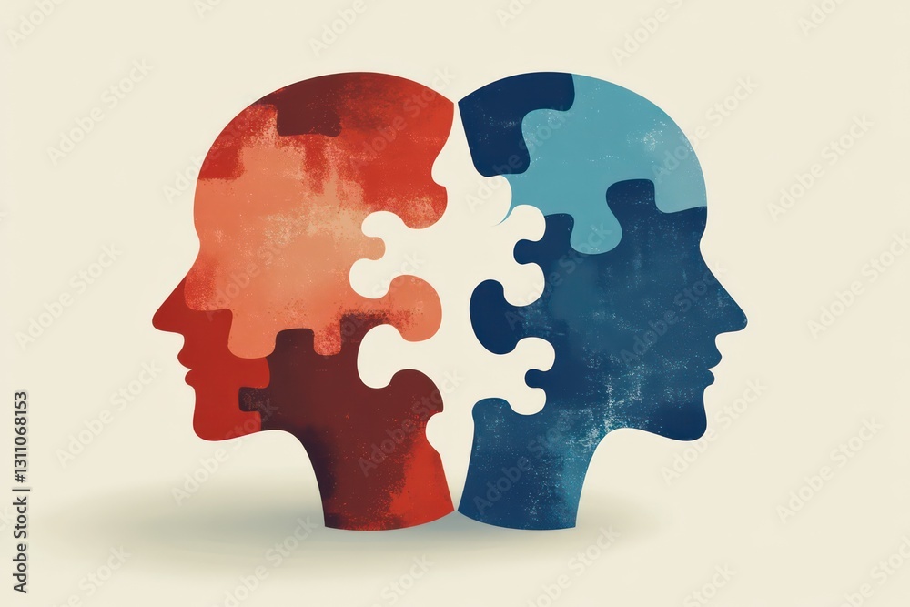 A creative vector illustration of two puzzle-piece-shaped heads fitting together, symbolizing teamwork and collaboration