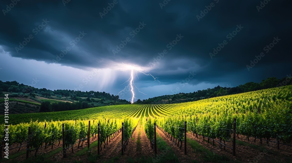 Fototapeta premium A thunderstorm over a vineyard, with lightning illuminating the grapevines and rain pouring down.